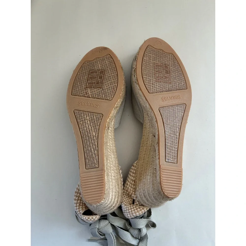 Soludos Womens Tall Wedge Espadrille Grey Canvas Ankle Tie Sandals 10